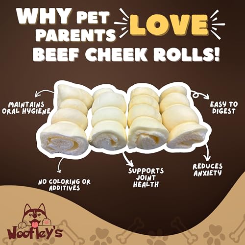 Image of Woofley's 4 inch Buffalo Beef Cheek Roll -(50 Count)- Beef Cheek Rolls for Dogs - Long Lasting Natural Dog Chews
