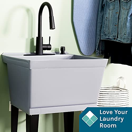 Image of Grey Utility Sink Laundry Tub With High Arc Black Faucet By VETTA - Pull Down Sprayer Spout, Heavy Duty Slop Sinks For Washing Room, Basement, Garage, or Shop, Free Standing Tubs