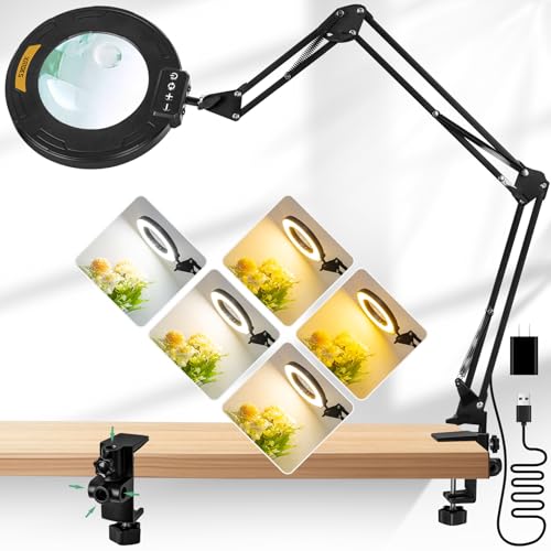 KMDES Lupa de 12X y 30X con luz, lámpara LED de escritorio ultra larga de 3 secciones con abrazadera grande, 5 colores y brillo, luz de lupa manos libres y soporte para banco de trabajo, manualidades