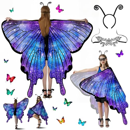 Kuvarix Disfraz de Mariposa para Mujer, Chal de Mariposa para Adulto Que Incluye Tocado y Máscara, Disfraz Mujer Carnaval para Carnavales, Fiestas y Juegos de rol (B)