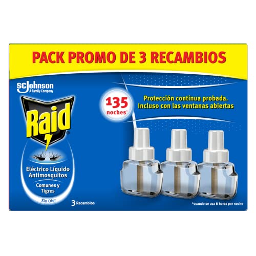 Raid ® Électrique liquide 135 nuits - Recharges anti-moustiques communes et tigre - 3 recharges...