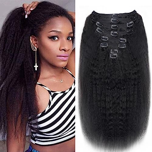 Mihugass Kinky Straight Clip In Hair Extensions Human Hair Kinky Straight Clip Ins for Black Women #1B Natural Color Full Volume Natural Texture Real Human Hair Extensions 8pcs 120g 18 Inch