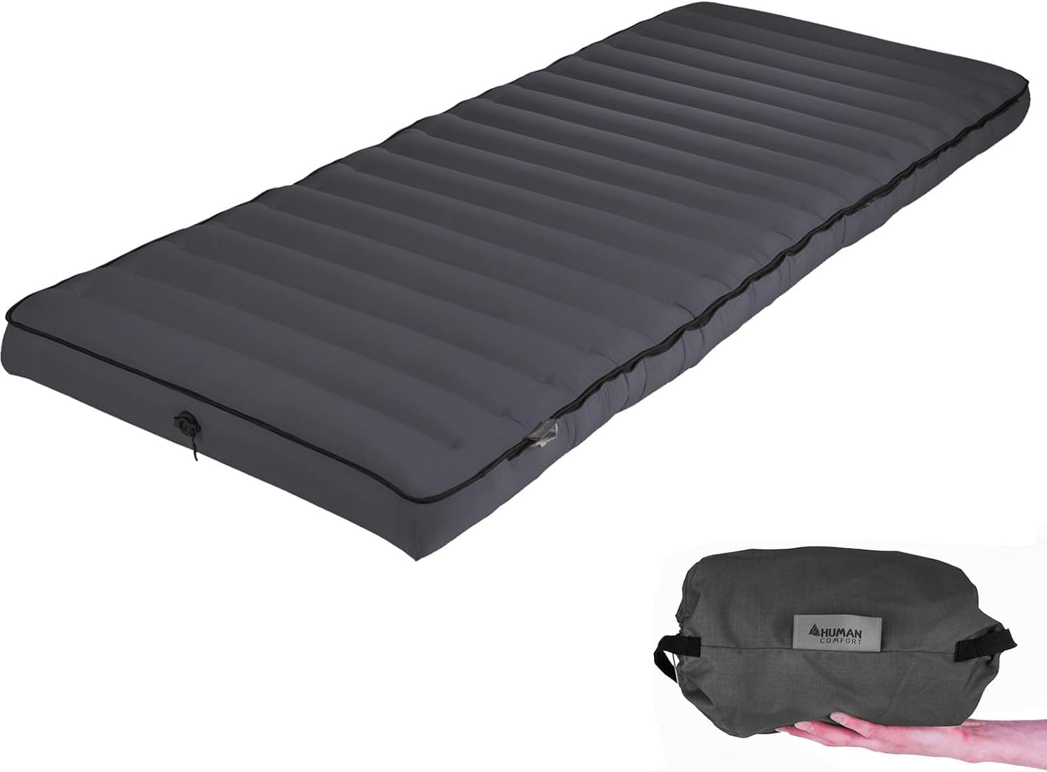 Human Comfort Luft Bett TC Chatou Luftmatratze Camping – Aufblasbare Isomatte 203x80x13 cm – Komfort Luftbett für Camping & Gästebett – 100% Baumwolle – Grau