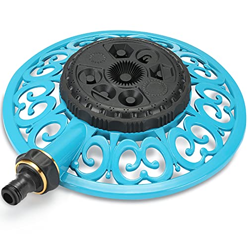 8 Pattern Turret Sprinkler Circular Base Sprinkler with a Heavy-Duty Metal Base Lawn Sprinkler with Quick Connect Sprinkler Adapter 3/4 Hose Input Sprinkler for Farmland Garden Yard Irrigation, Blue