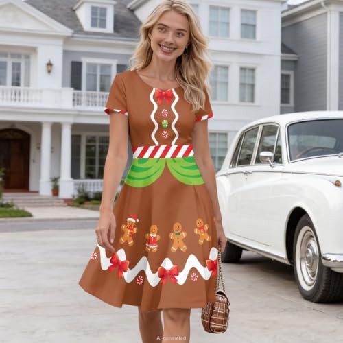 Image of POLERO Women Puffy Swing Elegant Party Midi Dresses Short Sleeve Round Neck A-Line Dress