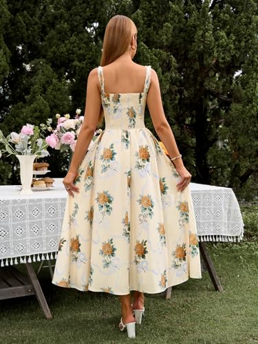 Image of KUTUMAI Women Summer Corset Midi Floral Wedding Guest Dresses with Pockets | Lace Neck, Smocked Back, Flowy A Line Sundress for 2026 Engagement Photoshoot Bridal Shower Garden Party