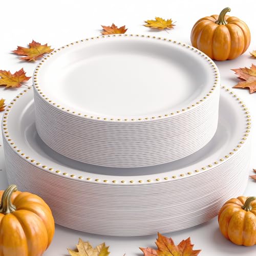 Rubtlamp 60Pcs White Gold Plastic Plates, White Disposable Plates With Gold Beaded, Heavyduty Plastic Plates Include 30 Dessert Platos, 30 Dinner Platos for Thanksgiving Rubtlamp 60Pcs White Gold Plastic Plates, White Disposable Plates With Gold Beaded, Heavyduty Plastic Plates Include 30 Dessert Platos, 30 Dinner Platos for Thanksgiving