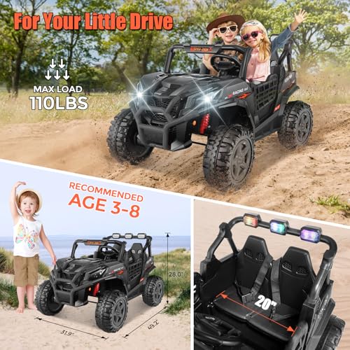 Image of Hikole 24V 4x4 Ride on Toys for Big Kids with 4X200W Powerful Motors, 4WD /2WD Switchable 2 Seater Electric Car with Parent Remote, Colorful Lights, Music, Power Car Wheels for Boys Girls, Black