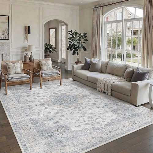 HUGEAR Machine Washable Area Rugs 10x14 Vintage Blue Large Living Room Bedroom Rug Neutral Style Non Slip Stain Resistant Low Pile Throw Carpet for Home Retro Aesthetic Modern Decor