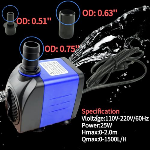 Image of Conquerall CHA-1500 390GPH 1500L /H AC 110V Submersible Pump 25W Ultra Quiet Silent Pump 6.56 ft High Head for Large Fish Tanks, Ponds, Aquariums, Waterfalls, Outdoor Fountains, and Pet Water Fountains