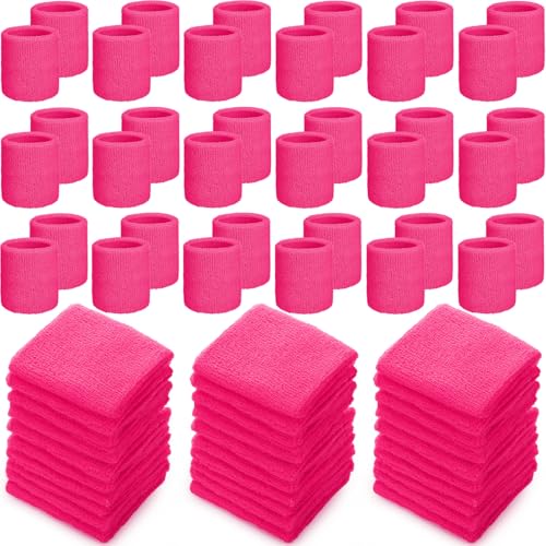 Yuxung 60 Pcs Neon Pink Wristband Bulk Sweatband Neon 80s Sports Tennis Wristband Thick Cotton Gymnastics Adult Sweat Band Absorbent Sweatband for Men Women Supply Basketball Football 30 Pair