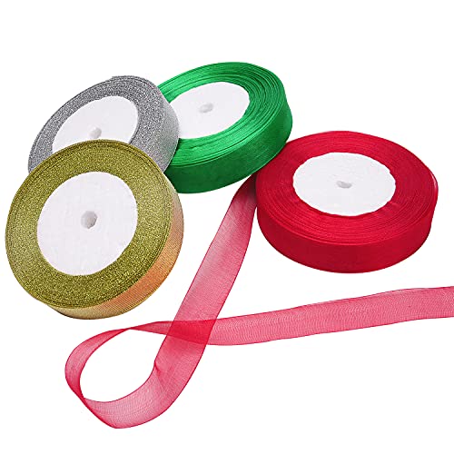 Livder 4 Rolls 4/5 Inch In Width Christmas Metallic Glitter Organza Ribbons Golden, Silvery, Red, Green Ribbon For Gift Wrapping, Christmas Tree Room Decoration #TOP1