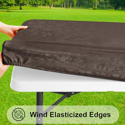 Image of Smiry Heavy Duty Vinyl Fitted Tablecloths for 8 Foot Rectangle Tables | Elastic Waterproof Fitted Tablecloths, Wipeable Washable Table Cover for Kitchen, Dining, Camping (Coffee, 30 inch x 96 inch)