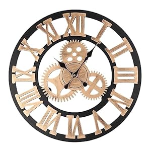 Large Wall Clocks Roman Retro Gear Metal Wall Clock 23.6inch/60cm Vintage Round Roman Numerals Clocks for Home Decor Kitchen Living Room (Gold Gear)