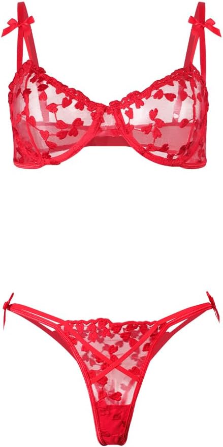 Women's Sexy Lingerie Floral Lace See-Through Mesh Babydoll Underwear V Neck Underwired Valentines Bra Panty - Image 2