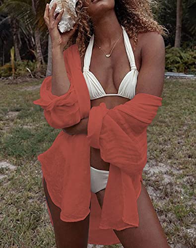 Hount Women's Long Sleeve Cover Up Shirt Blouses Turn Down Collar Bikini Bathing Suit Cover Ups Swimwear Rust Xx-Large #TOP2