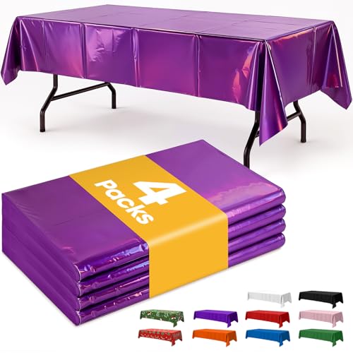 Image of Niuara Iridescent Purple Plastic Table Cloth - 4 Pack 54 inch x 108 inch Rectangle Disposable Tablecloths for 6FT Tables, Table Cover for Party, Holiday & Gathering Use