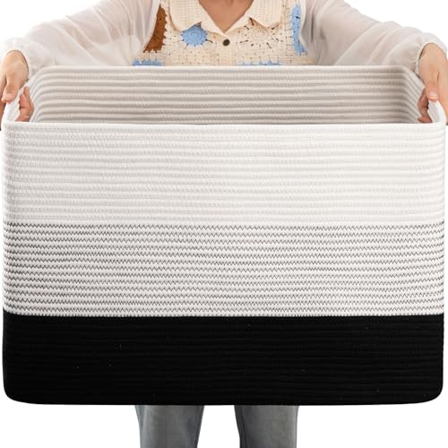 Image of OIAHOMY 108L Large Cotton Rope Basket, Rectangle Woven Baskets for Storage, Nursery Blanket Storage Living Room, Toy Basket With Handle-25”x16”x16”-Gradient Black