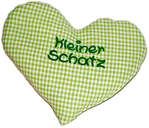 Cojín de semillas de colza con forma de corazón Pequeño tesoro verde a cuadros, cojín térmico para nacimiento, bautizo