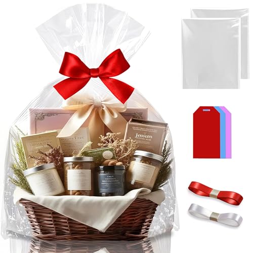 Geschenkfolie Transparent Cellophantüten Set Geschenkfolie Tüten Extra Groß Geschenkkorb Folie Geschenktüten Durchsichtiges Geschenkpapier Transparente Zellophantüten Klarsichttüten,2 Stück 125x100CM