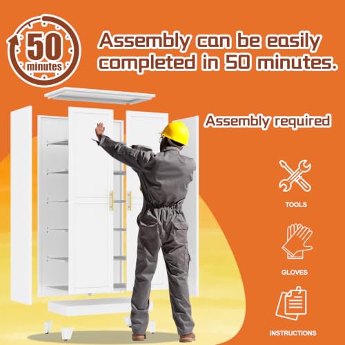 Image of White Metal Storage Cabinet, 79 inch Steel Cabinets for Home Office | Kitchen Pantry Storage Cabinet with Doors, 5 Adjustable Shelves, Metal Pantry Cabinet, for Office, Home, School 40 inch W