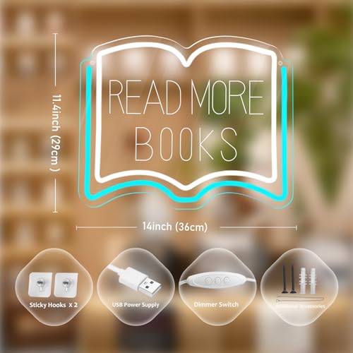 Image of Read More Books Neon Sign, Dimmable LED Reading Neon Light USB Powered for Library Classroom Bookstore Decor, Reading Room Wall Sign for Study Room Bookshelf, Book Lover Gift (Ice Blue)