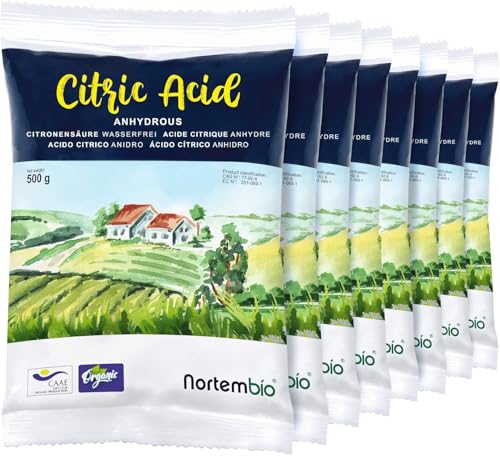 Nortembio Ácido Cítrico 8 x 500 g (4 kg) - Ácido Cítrico Anhidro Concentrado 100 % Puro Certificado – Limpieza Doméstica Multiusos – eBook Incluido