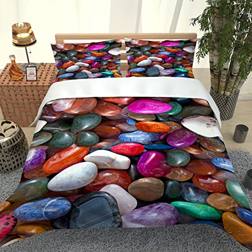 Housse Couette 1 Personne 3D Impression De Galets Colorés Housse De Couette Avec Fermeture Éclair + 2 Taies D'Oreiller 65x65 Cm Housse De Couette 140x200 Cm...