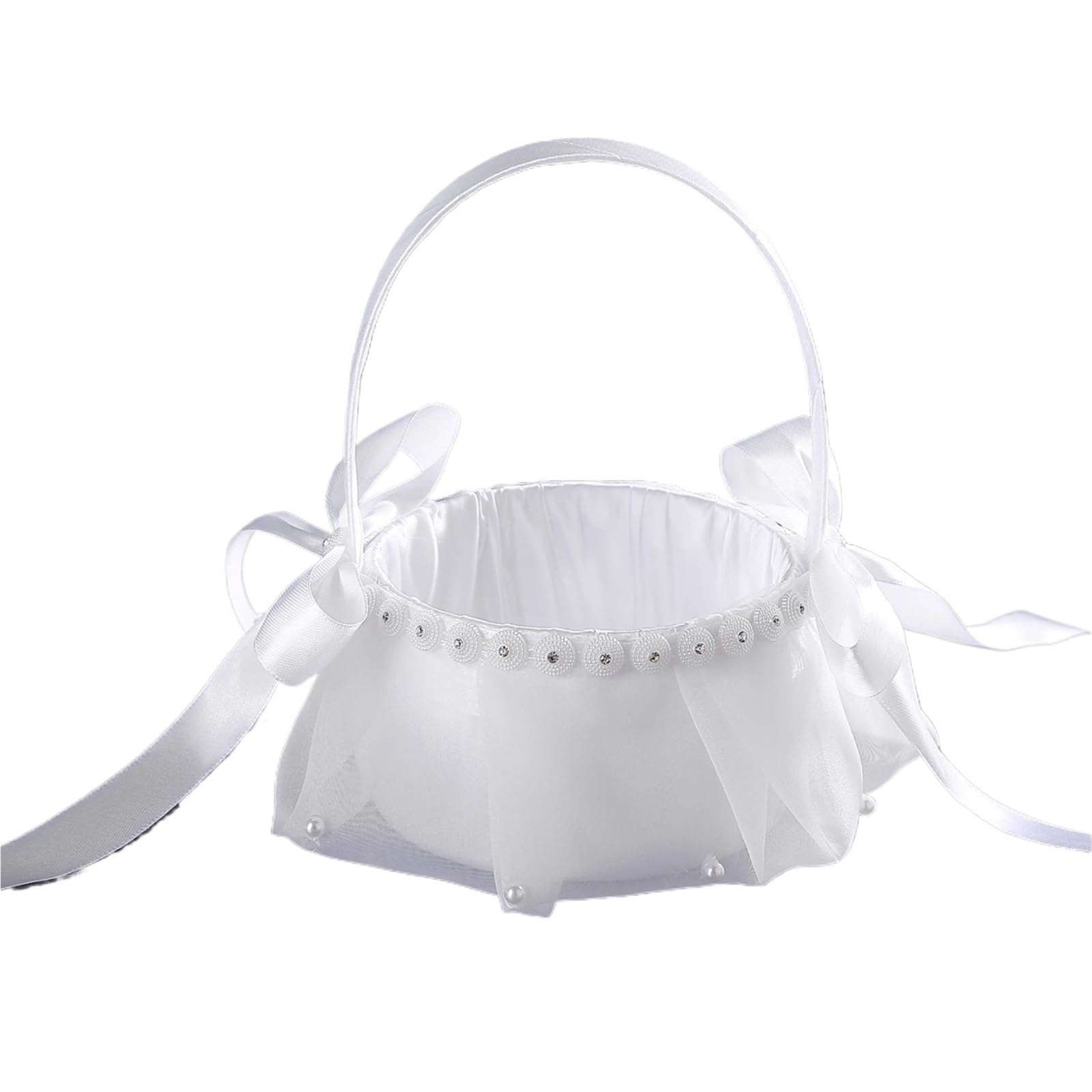 Flower Girl Bow Basket White Tulle Satin Rhinestone