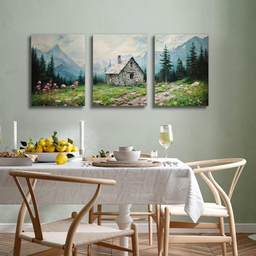 SERIMINO Nature Landscape Canvas Wall Art for Living Room, Forest Mountain Canvas Prints Paintings Room Decor, Cottage Meadow Wildflower Modern Farmhouse Wall Decor Set of 3, 12"X16"