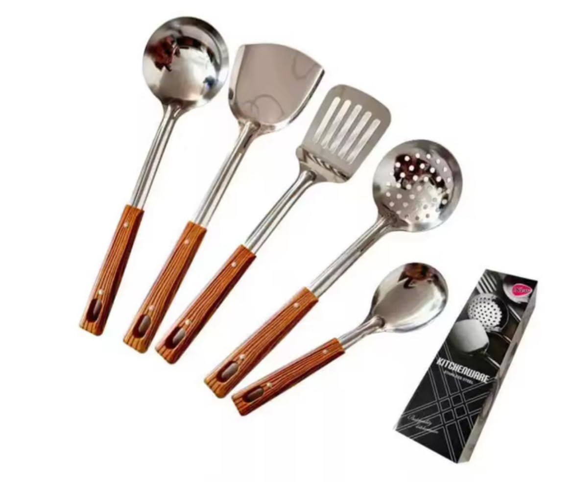 5-Piece Kitchen Utensil Set, Stainless Steel with Wood Handles, Spatula, Ladle, Skimmer Spoon