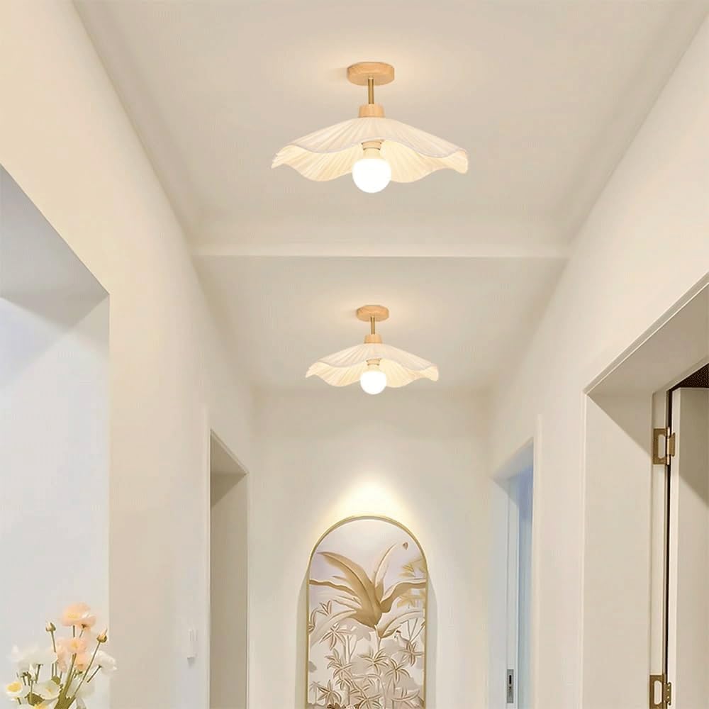 White Ceiling Light Fixture, Creative Round Fabric Flush Mount Ceiling Light, Wood Base E26/E27 Foyer Hallway Ceiling Lights for Bedroom Kitchen Island Dining Room