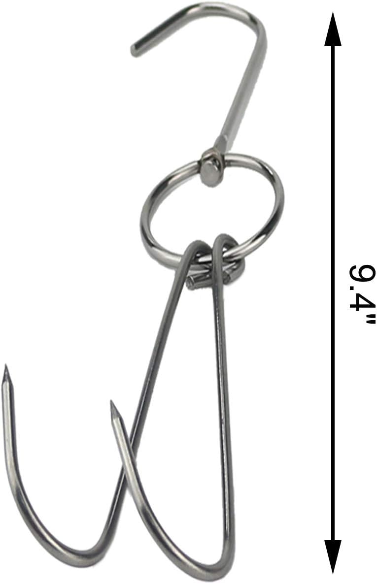 Tinsow 2pcs Stainless Steel Double Hooks + 3pcs S-Hooks for Bacon Hams Meat Processing Butcher Hook Hanging Drying BBQ Grill Cooking Smoker Hook Tool