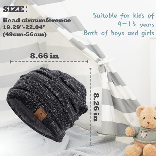Image of Kids Winter Beanie Hats 3 Packs, Warm Skull Cap Cozy Fleece Lined for Boys Girls 4-15Y Slouchy Beanie Windproof Knitted Hat