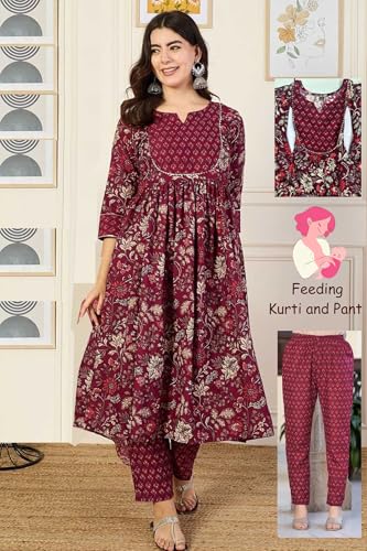 Image of ASSUME FAB Women Viscose Rayon Anarkali Maternity and Feeding Zip Kurti and Pant Set
