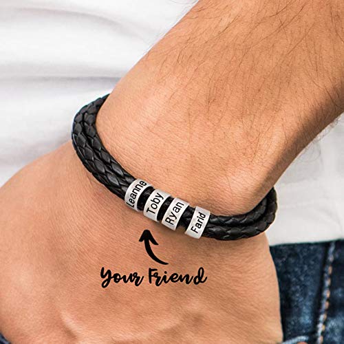 Dreamdecor Personalized Mens Leather Bracelet With Custom Beads - Engraved Names Jewelry, Customized Fathers Day Gifts For Dad Men #TOP4