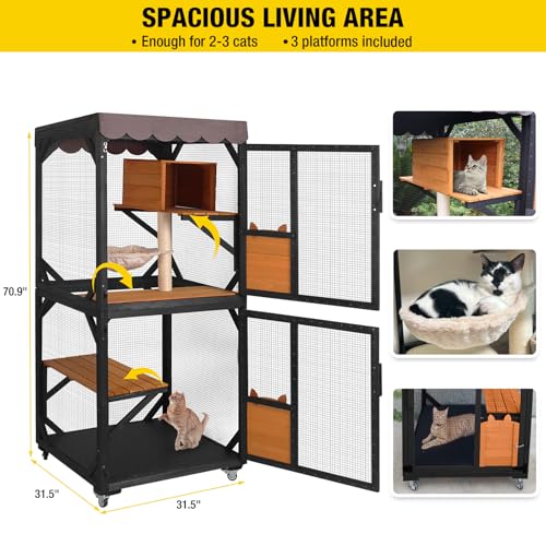 Image of Aivituvin Outdoor Catio Cat Enclosures on Wheels Cat House 70.9 inch Large Kitty House with Upgraded Resting Box,Waterproof Roof Cover,Brown