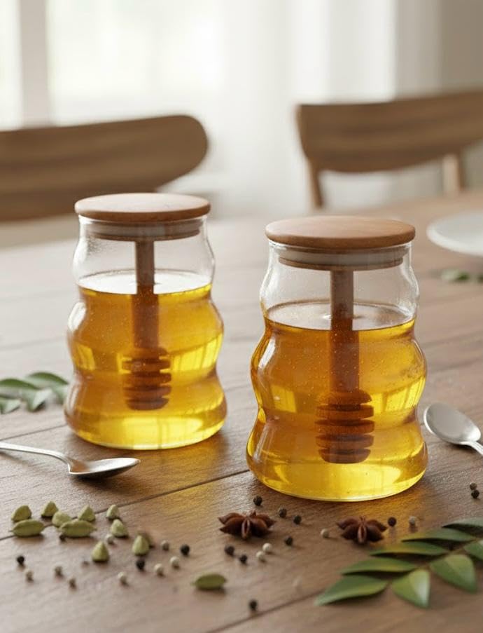 Image of SUANI Air Tight Honey Glass Jar with Wooden Dipper and Bamboo Lid | Transparent Borosilicate Honey Jar | Odor Free Honey Jar, (500ml) (Pack Of 2)