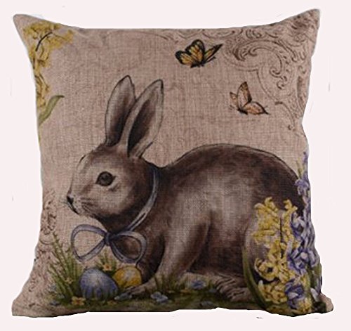 Queen's designer Cotton Linen Square Decorative Throw Pillow Case Cushion Cover Happy Easter Retro Smile Rabbit Color Egg and Butterflies 18