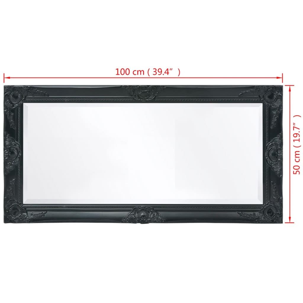 Barocker Wandspiegel schwarz 100 x 50 cm Holz Glas Rahmen Antik Look mit 4 Befestigungshaken für Flur Schlafzimmer Garderobe