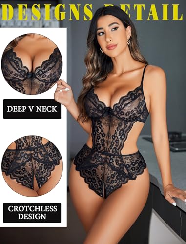 Image of Avidlove Women Lingerie Lace Bodysuit Teddy Lingeries V Neck Cut Out One Piece Mini Babydoll