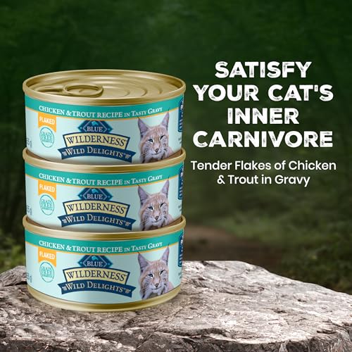 Image of Blue Buffalo Wilderness Chicken & Trout Adult Wet Cat Food, 5.5 oz, 24 ct | Wild Delights Minced in Tasty Gravy, High Protein & Grain-Free Recipe, Supports Energy for an Active Life