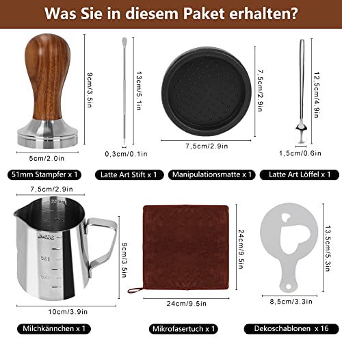 Foto von OSTWOLKE 51mm Kaffee Tamper Set Edelstahl Base Kaffeepresse Set für Siebträgermaschine inkl. Tampermatte Milchkännchen (350ml) und 16 Dekoschablonen
