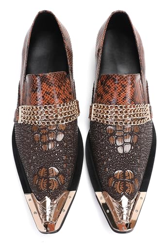 Santimon Men's Dress Loafers, Leather Slip-On Gold Chain Sparkling Shoes for Men -Party Disco Wedding Metallic Tip Smoking Slippers3