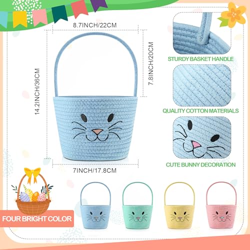 Image of Teenyyou 4 Pack Easter Basket Woven Bunny Baskets with Handles Eggs Hunt Bucket Rabbit Cotton Rope Tote for Baby's First Easter Basket Gift for Baby Toddler Boys Girls(Vivid)