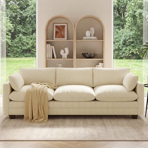 Image of Gizoon 3 Seater Couches for Living Room, Cloud Sleeper Sofa with Double Cushion Corduroy Deep Seat Sofa Couches with 2 Pillows for Living Room Bedroom and Apartment,Pet-Friendly Fabric, Beige