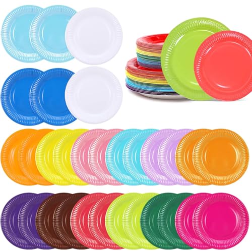 180 platos de papel coloridos (platos de fiesta de 90 x 7 pulgadas + 90 platos de fiesta de 9 pulgadas para cena y postre, vajilla desechable para manualidades, bodas, cumpleaños, graduaciones, 9