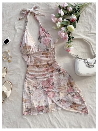Verdusa Women's Floral Tiered Layered Halter Dress Ruched Backless Mini Dresses3