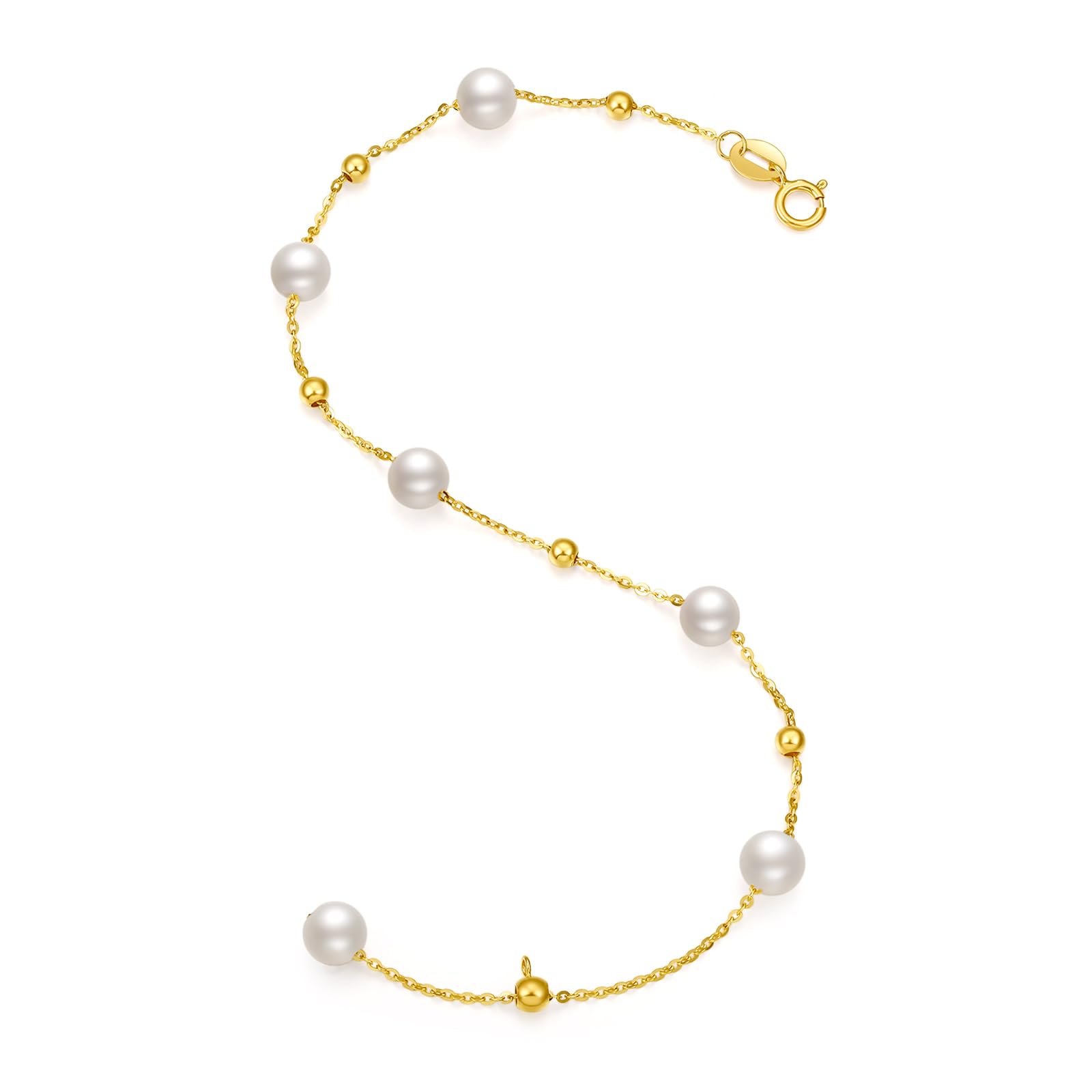 18K Gold Süßwasserperlen Chain Armband 750er Gelbgold Weiß Perlen Link Armbänder Schmuck für Damen Braut Ehefrau Mutter Liebhaber Geschenk Hochzeitstag Valentinstag Geburtstag Jahrestag 16/17/18/19cm