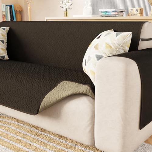 Lukzer 1 Seater Quilted Reversible Sofa Mat with Storage Side Pocket - Stipple Dark Brown | 350 GSM Polyester Blend Full Coverage with Arms | Machine Washable Sofa Runner (50-60CM/SC-207-01)